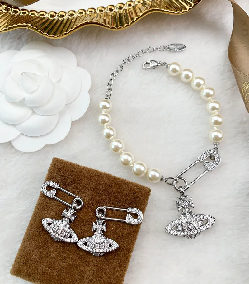 Orb pearl-look necklace & studs; silver tone, pearl accents design. Full-frame photograph with existing branding.